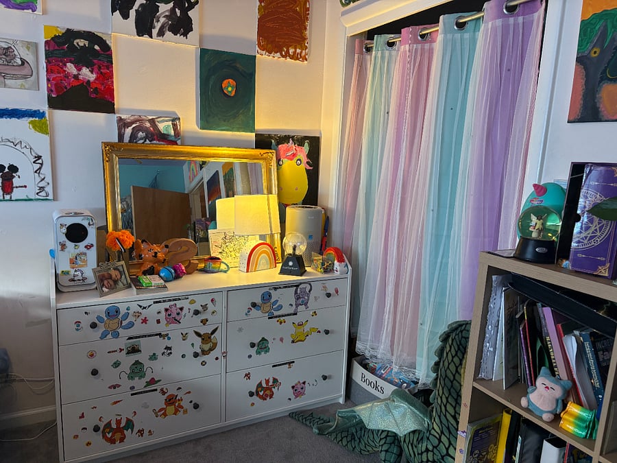 fun kids room, lots of closet space, book shelf and big dresser (note we can remove all kid stuff and push two twin beds together)