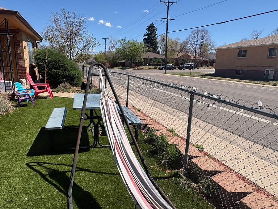 large hammock and outdoor dining table! can be moved to side covered patio or back yard.