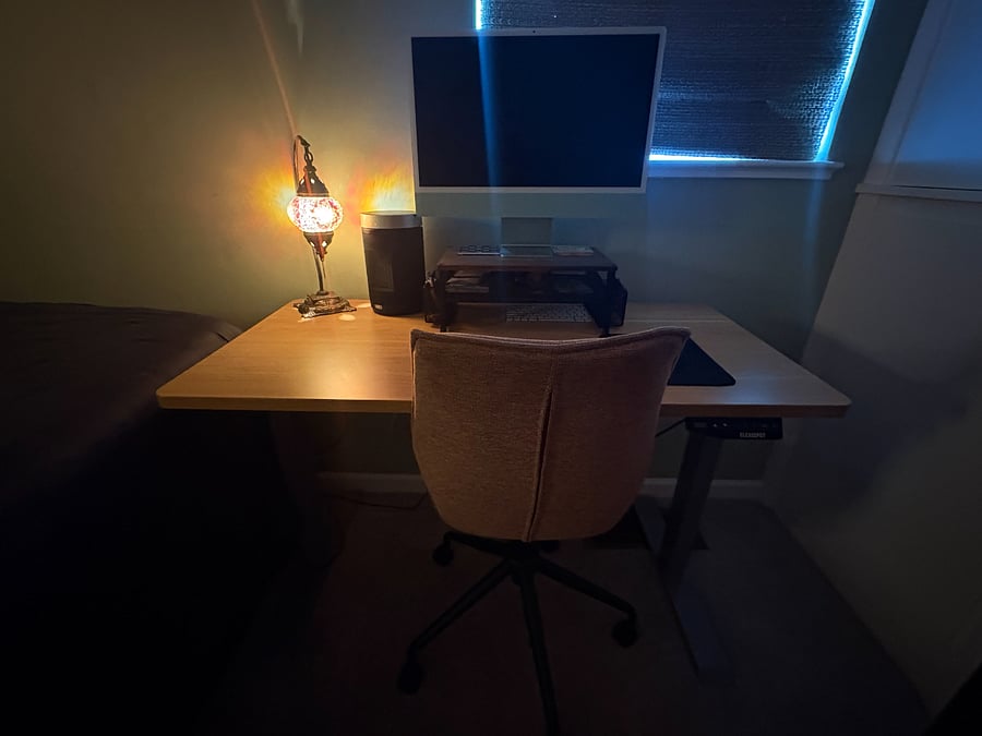 one of two standing desks currently in primary bedroom and black out curtains for restful sleep!