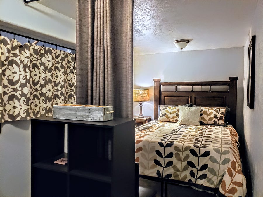Guest bed nook downstairs with Queen Tuft & Needle mattress (no harmful chemicals)