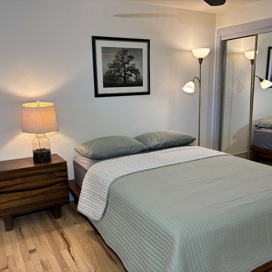 Queen size platform bed and nightstand