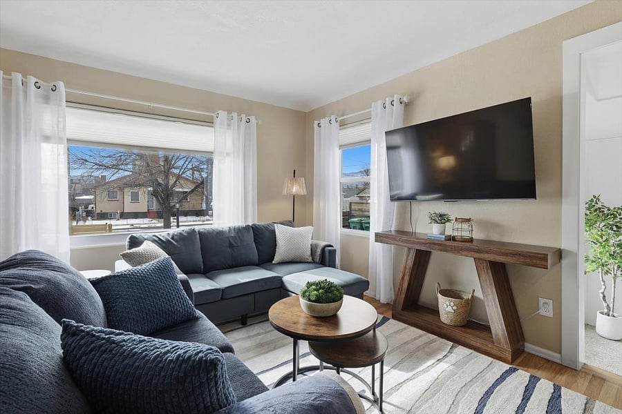 Sunny living room with 55 inch smart TV