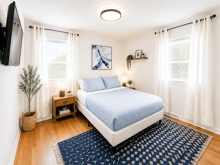 Comfortable queen bedroom.