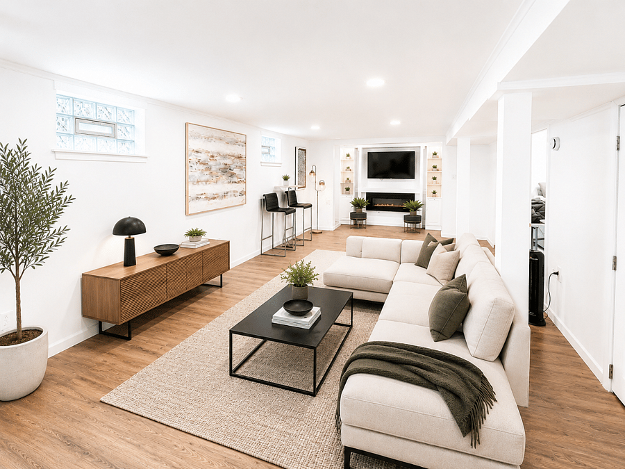 Finished basement with additional living space.