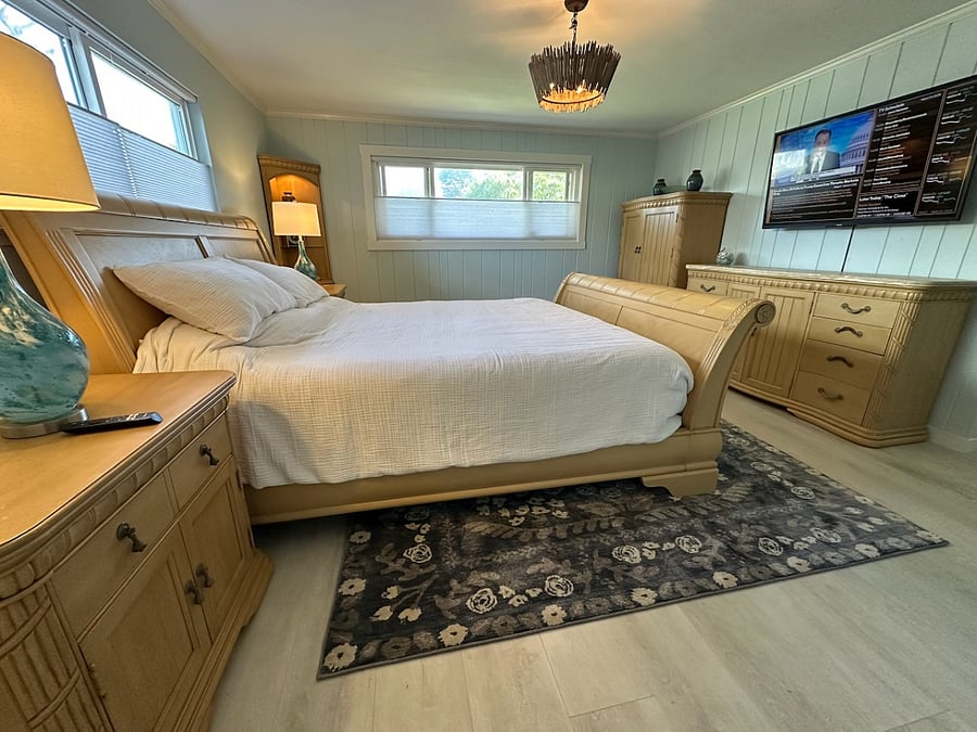 Listen to the waves from the Cal King Casper mattress and 800 thread count sheets, wall mount 55" Smart TV
