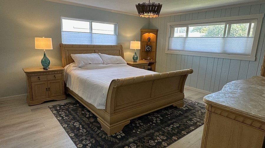 Listen to the waves from the Cal King Casper mattress and 800 thread count sheets, wall mount 55" Smart TV