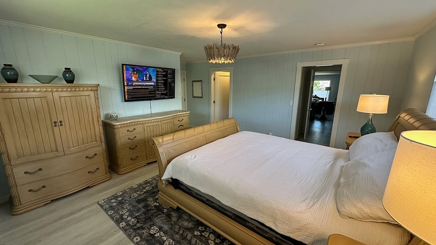 Listen to the waves from the Cal King Casper mattress and 800 thread count sheets, wall mount 55" Smart TV