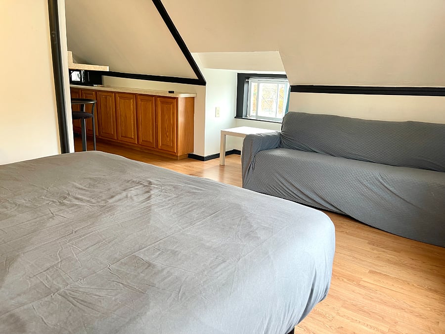 Bedroom 1 / The in-law suite located on the 3rd floor of the home. Queen- size bed, sofa, full kitchen, TV, mini-fridge, microwave, attached bathroom