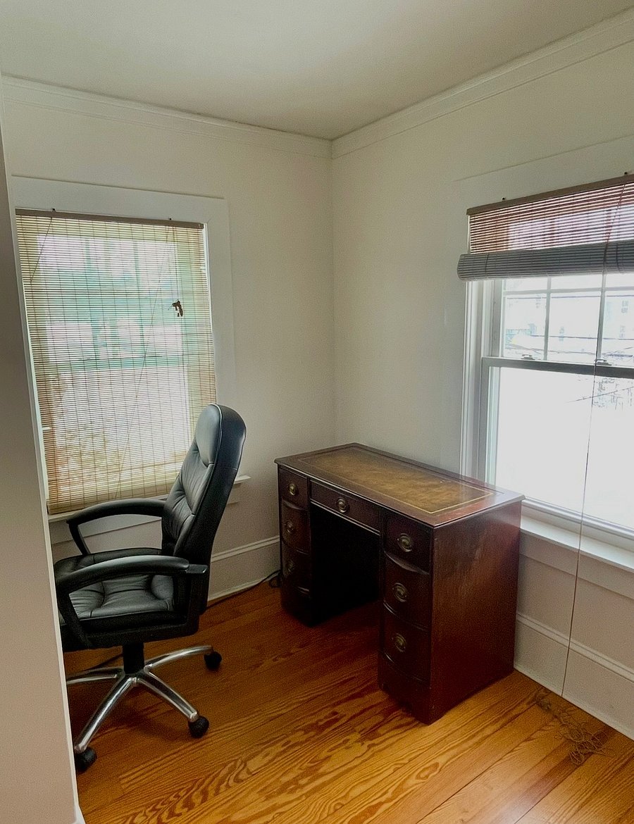 Office space with built in shelves. 