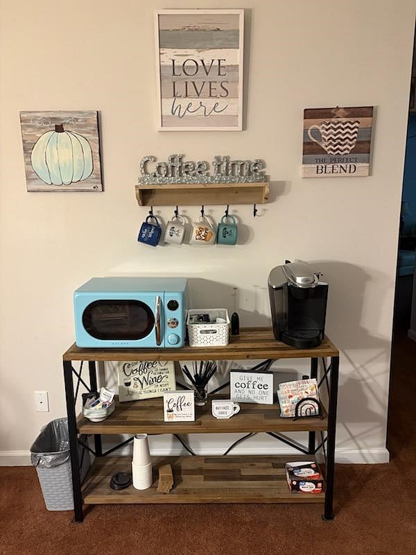 Coffee station with Keurig, microwave, hot plate, and toaster oven