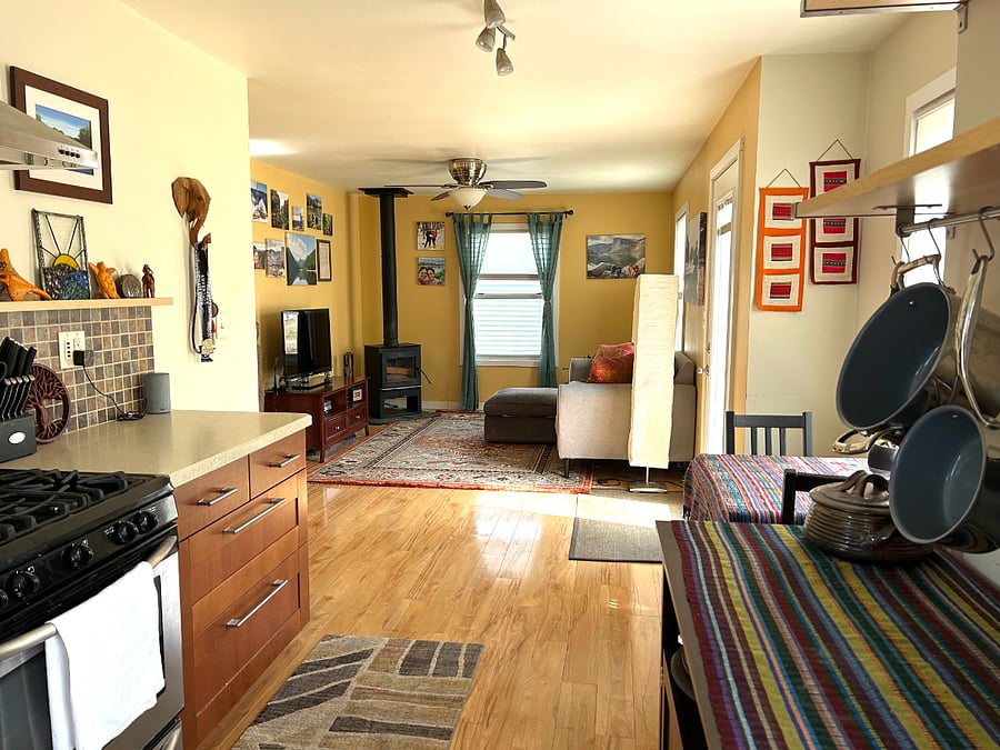 Kitchen and living room view.