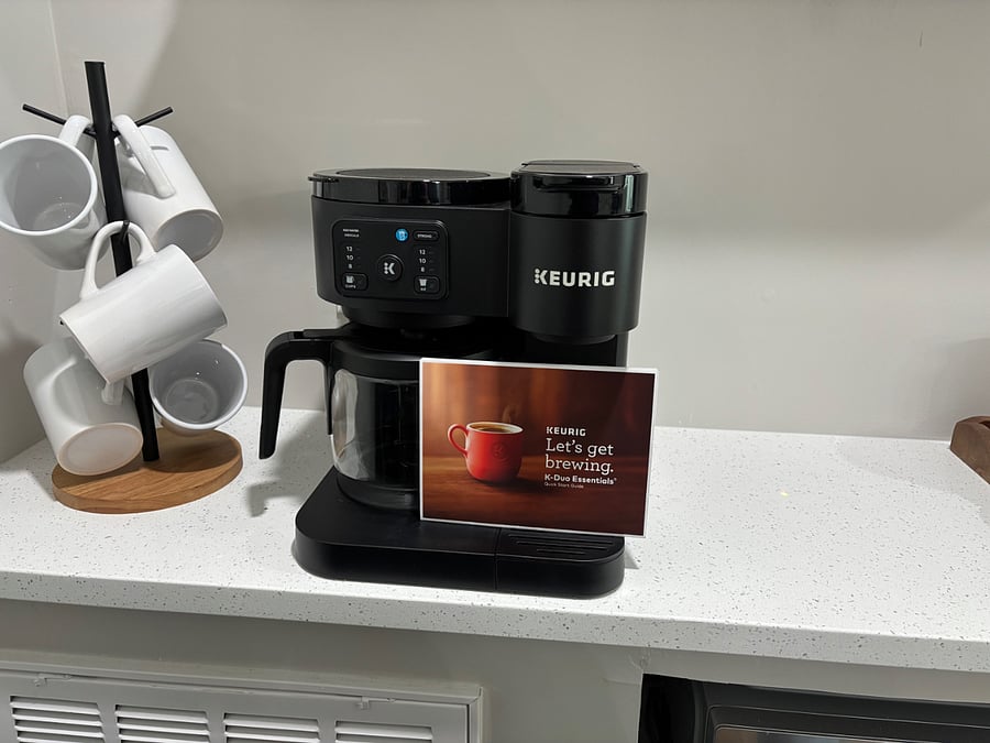 Dedicated coffee bar with Keurig that has a multi or single cup feature. Additionally, you can create your cold brew on this machine!