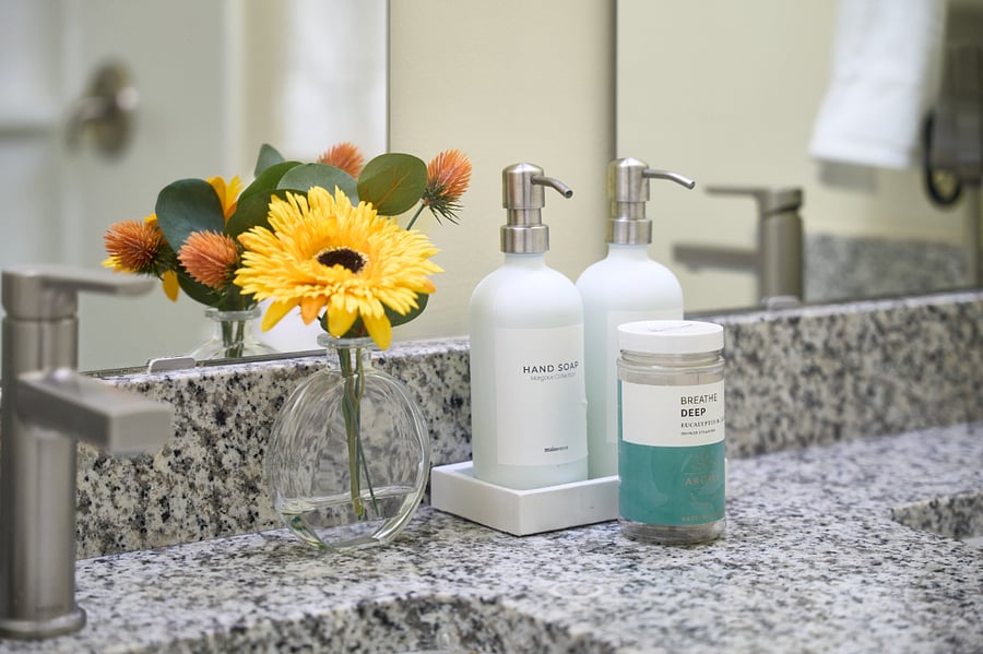 Enjoy a polished bathroom setup with thoughtful soap and shower essentials.