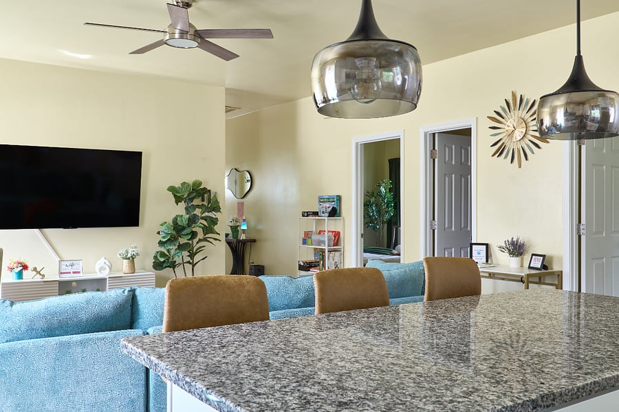 Open concept kitchen, living, and dining is great for family gatherings.