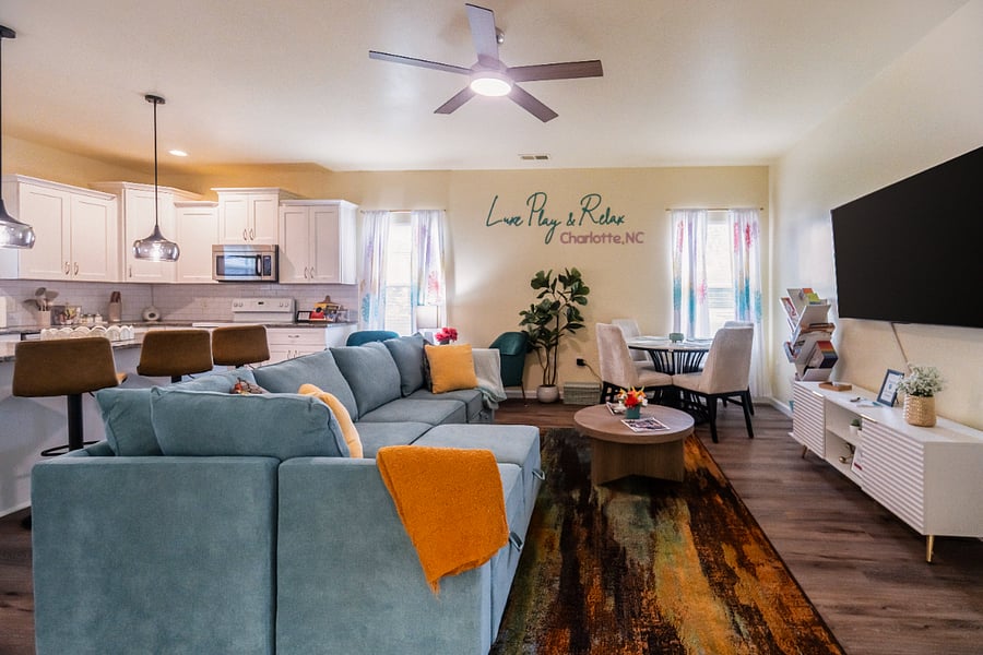 Spacious living room for family movie and game nights.
