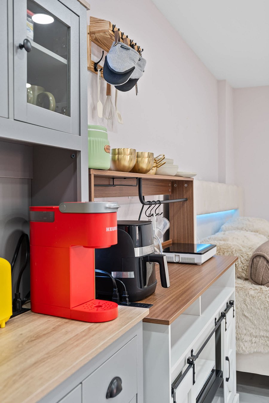 Well-organized kitchen storage and appliances.