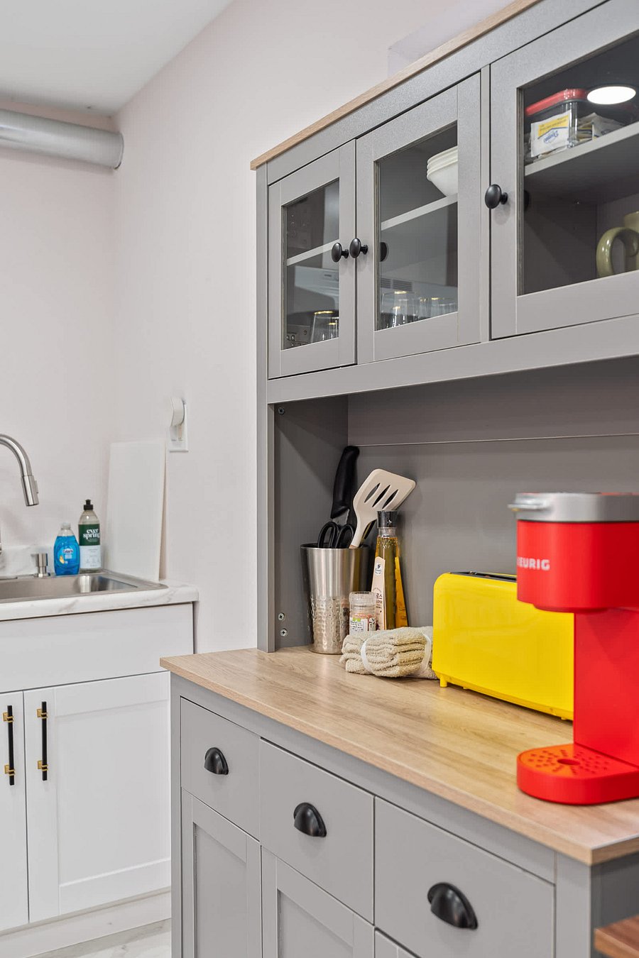 Functional countertop space for meal prep.