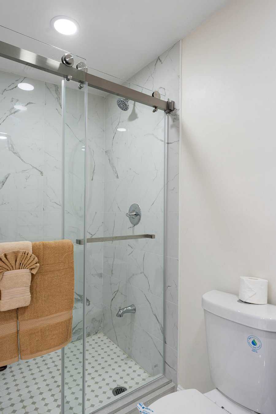 Walk-in shower with modern tile.