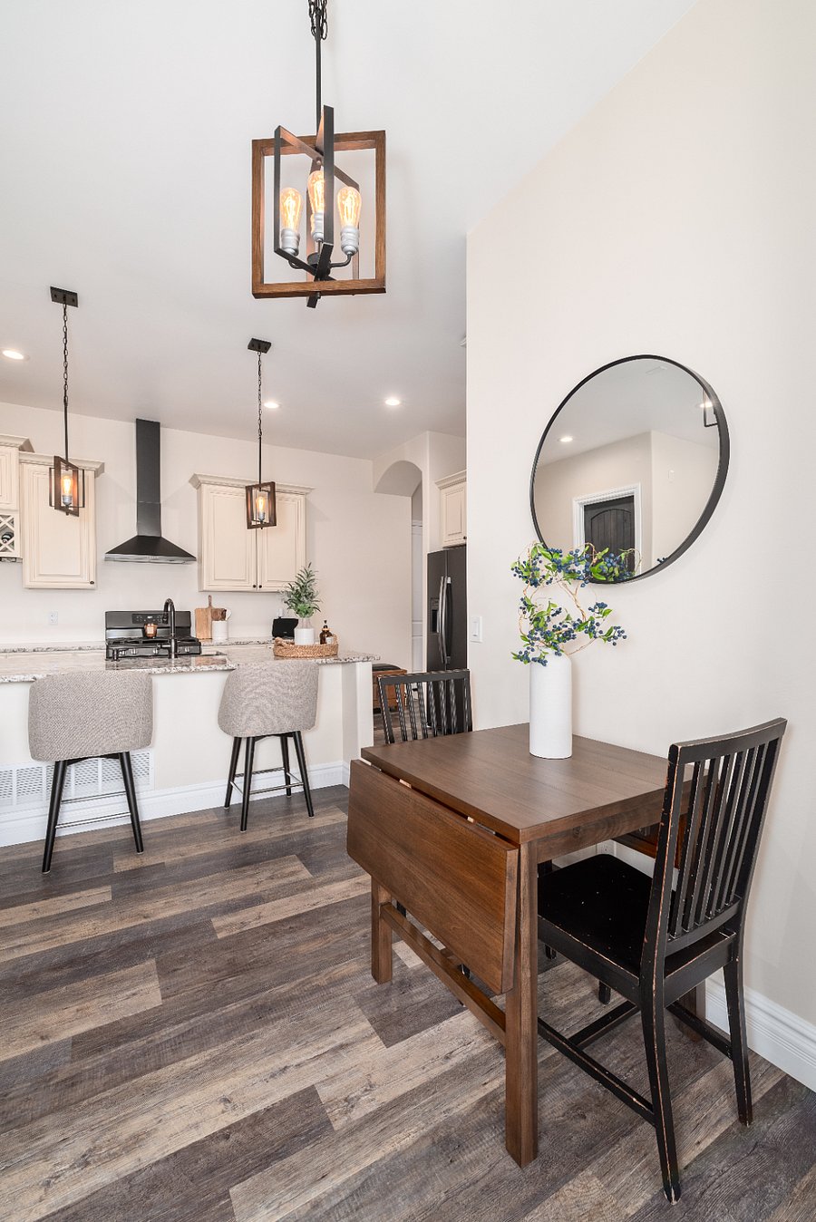Island counter has two stools, it can sit more. There is a lot of room to cook and relax. 