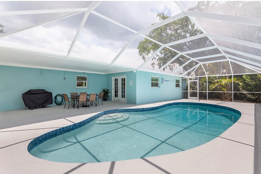 Heated pool 4 ft deep to the left & goes to 9 ft deep to the right