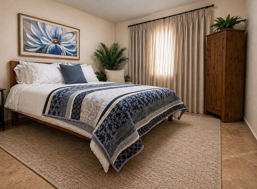 Queen bed and chair with portable work desk, black out curtains and mirror closet and 55' smart TV Each bedroom includes a ceiling fan and bedside lamps with built-in charging stations. 