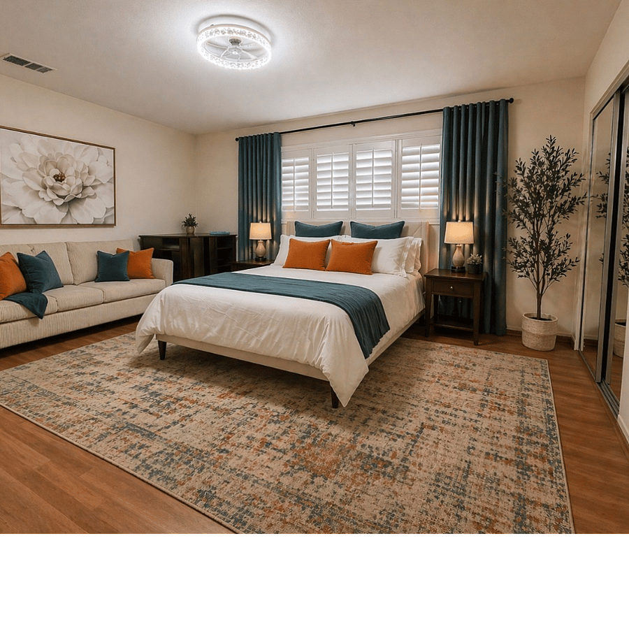 Primary bedroom suite with quiet work from home space with fast WiFi corner work desk, Black out curtains, dual mirror closets and private spa bathroom with The primary suite also offers private backyard access, creating a peaceful indoor-outdoor retreat. 