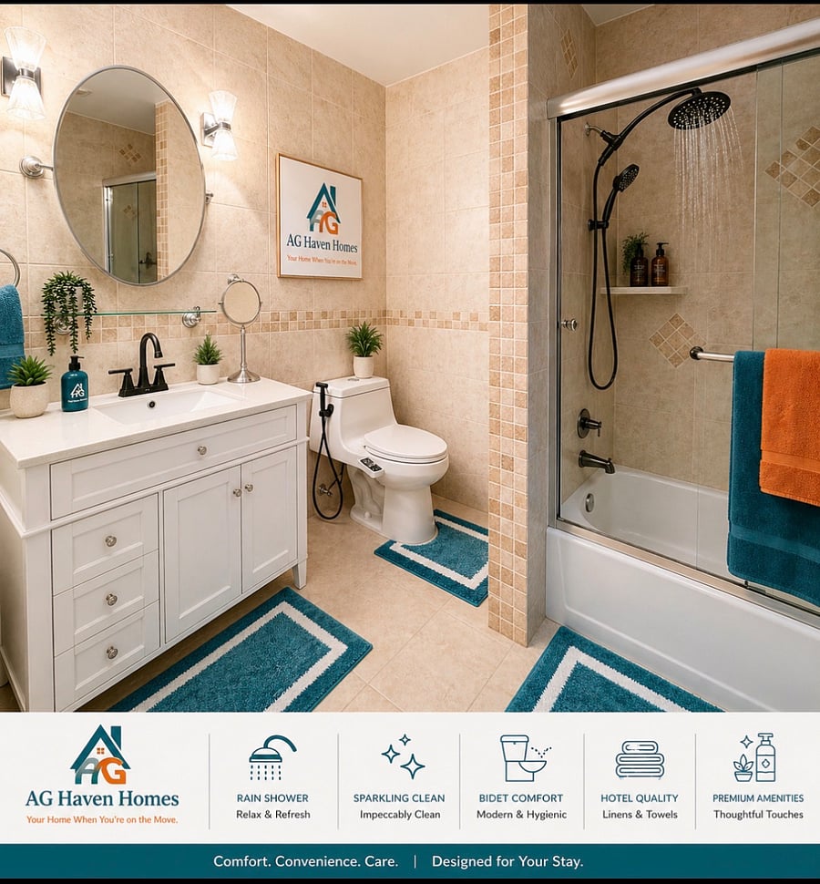 Spa bathroom with plenty of storage, Hair dryer station, rain shower +bidet and clean towels.