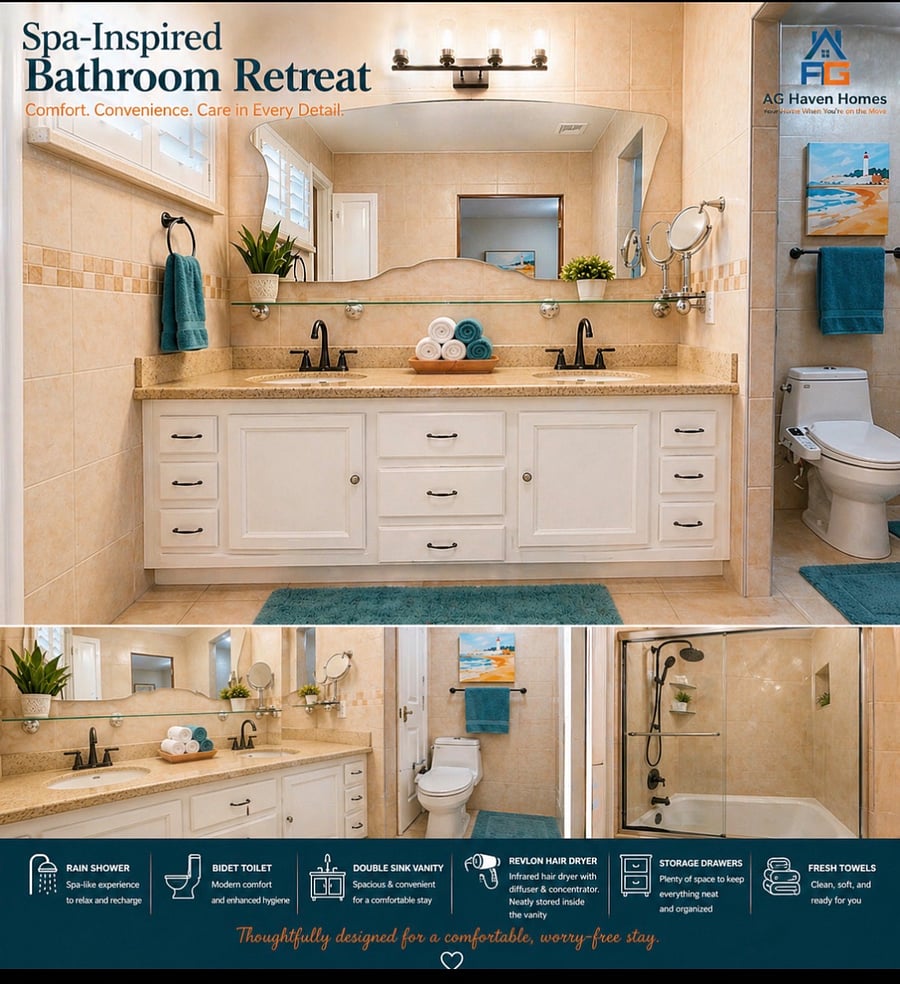 Spa bathroom amenities with dual vanity and plenty of storage and Hair dryer, rain shower and bidet and private backyard access.