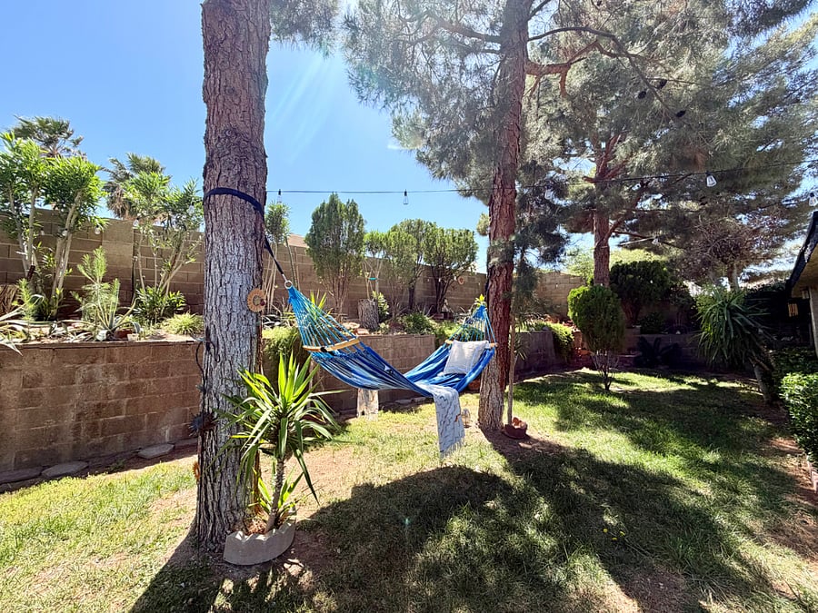 Relaxing private shaded resort backyard retreat with hammock and mature trees, real grass, and cozy seating
