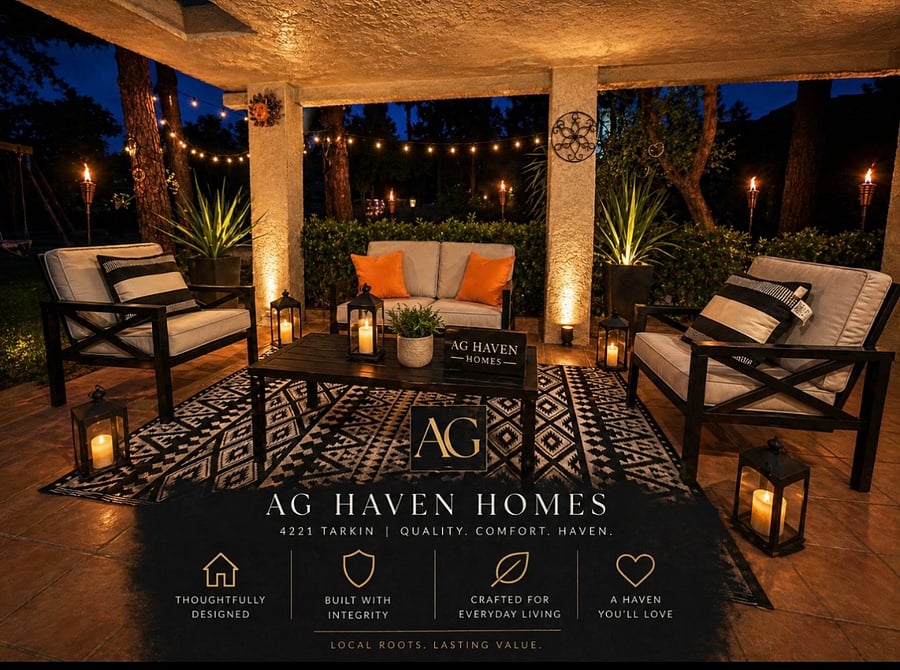 Covered patio lounge with ambient lighting. Perfect for morning coffee or relaxing nights.
