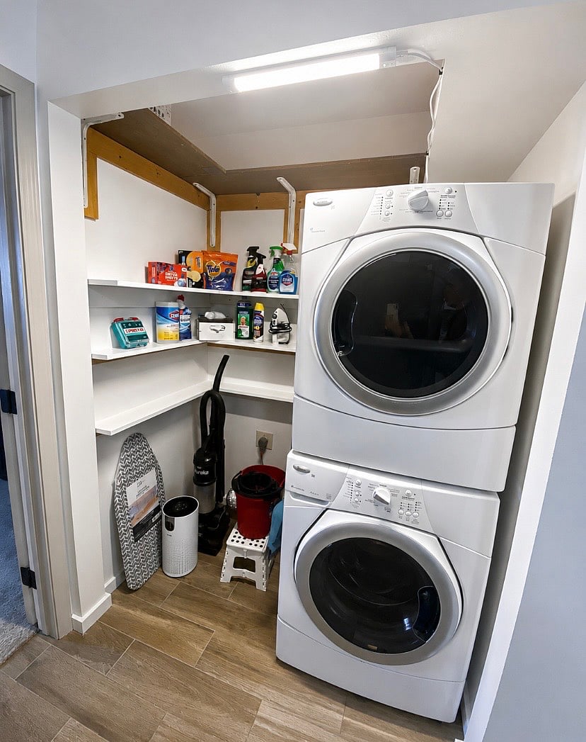 In unit laundry with additional storage.
Stocked with a started kit for all cleaning supplies.