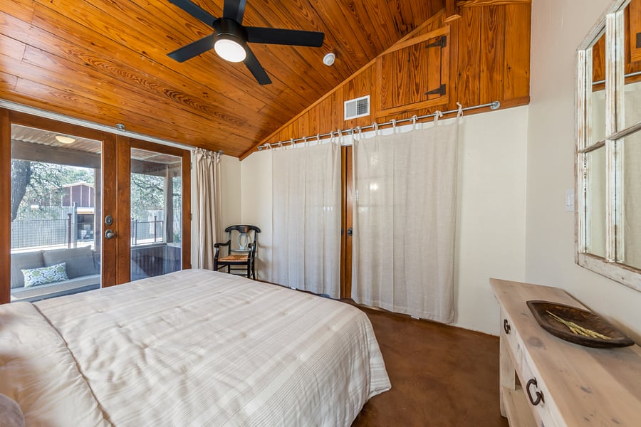 Soft curtains provide privacy.