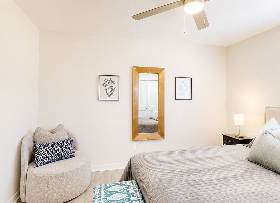 Cozy queen bedroom with soft linens