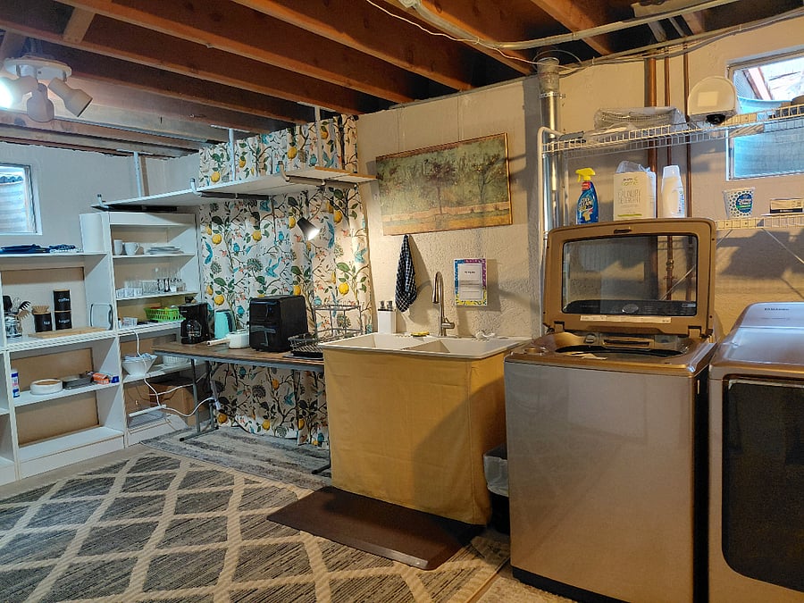 shared laundry, private kitchenette