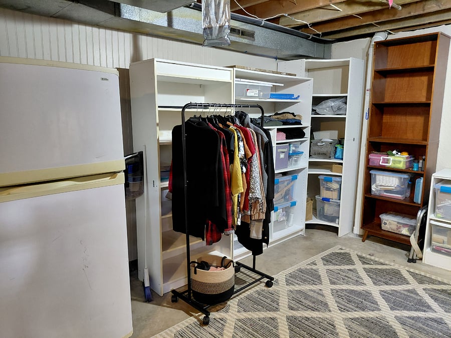refrigerator, shelving area for clothes and clothes hanging rack