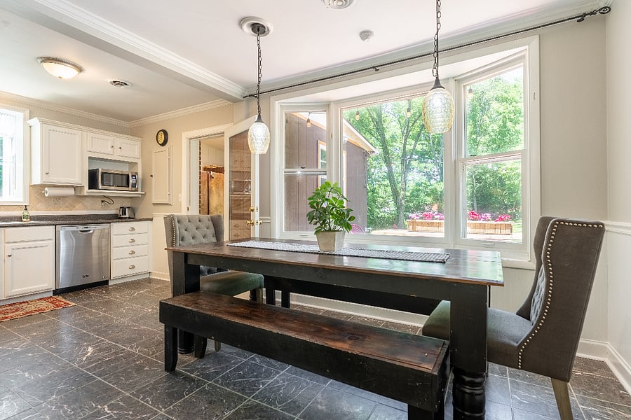 Open concept kitchen and dining.