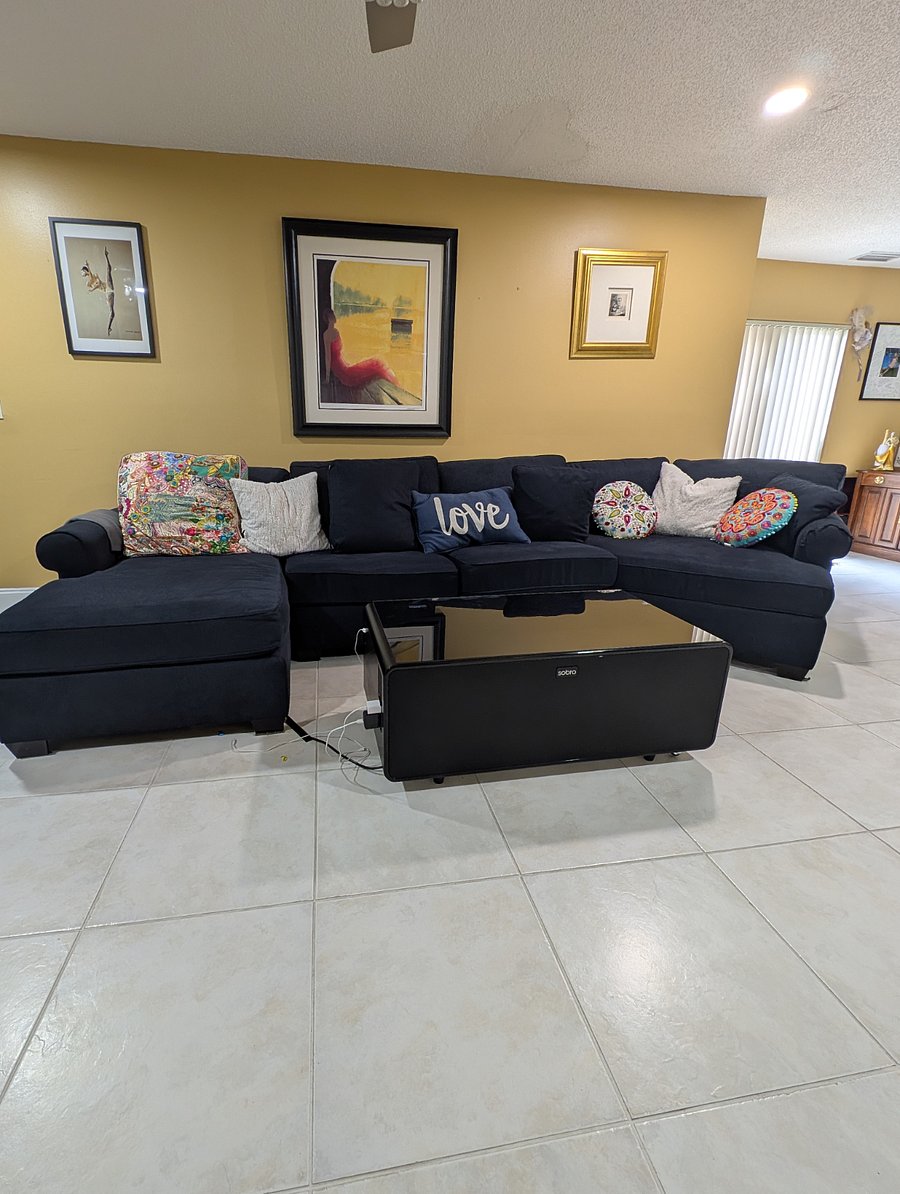 The coffee table serves as a refrigerator and Bluetooth speaker