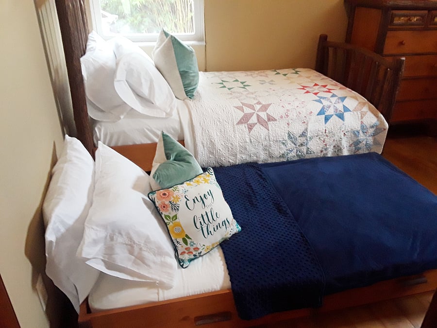 2 twin beds. One is a trundle that stores below twin beds.
