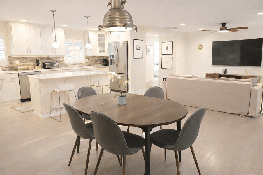 open concept kitchen, dining room and living room