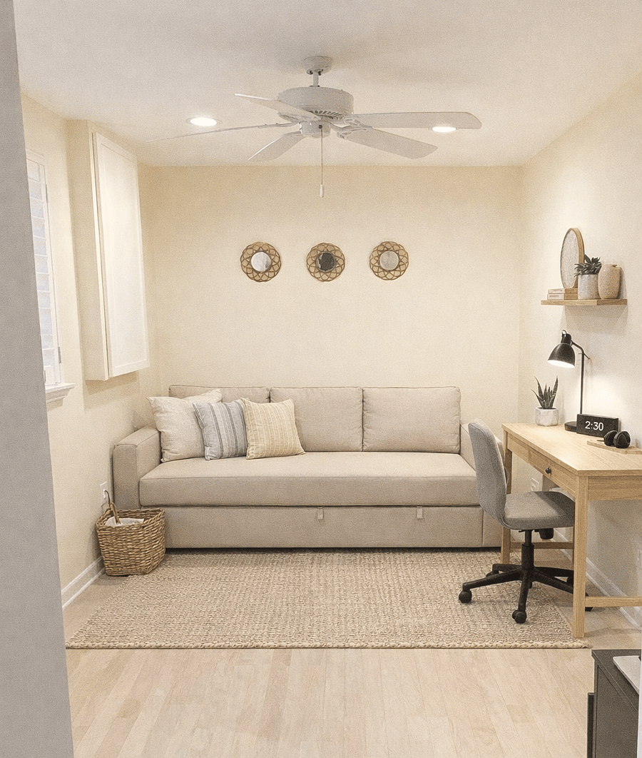 Den with a work station and sleeper sofa