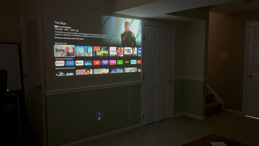 Finsihed side of the basement has a projector. This is what it looks like during the day with the blinds closed. Even more clear. in the evening.