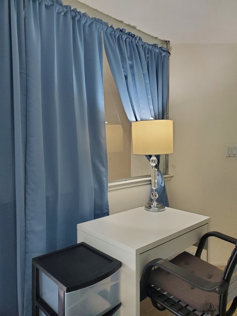 Gorgeous Curtains, desk, lamp
