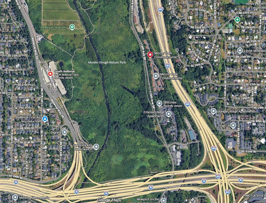 Easy access to major highways I-405 North/South and I-90 East/West. Adjacent to Mercer Slough Nature park with beautiful biking and hiking trails, and very close to the South Bellevue Transit Center for Link Light Rail and metro buses.