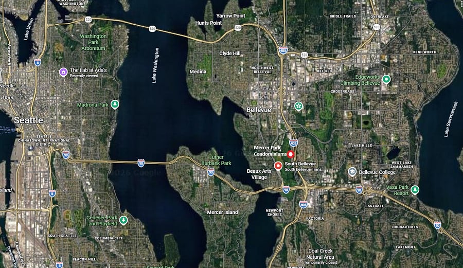 Mercer Park Condominiums in relation to the greater Bellevue and Seattle areas.