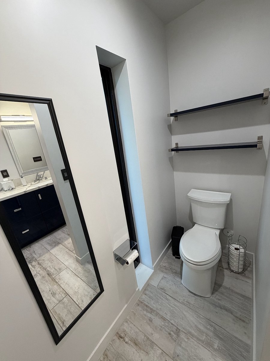 Master bathroom toilet with exhaust fan and full length mirror.