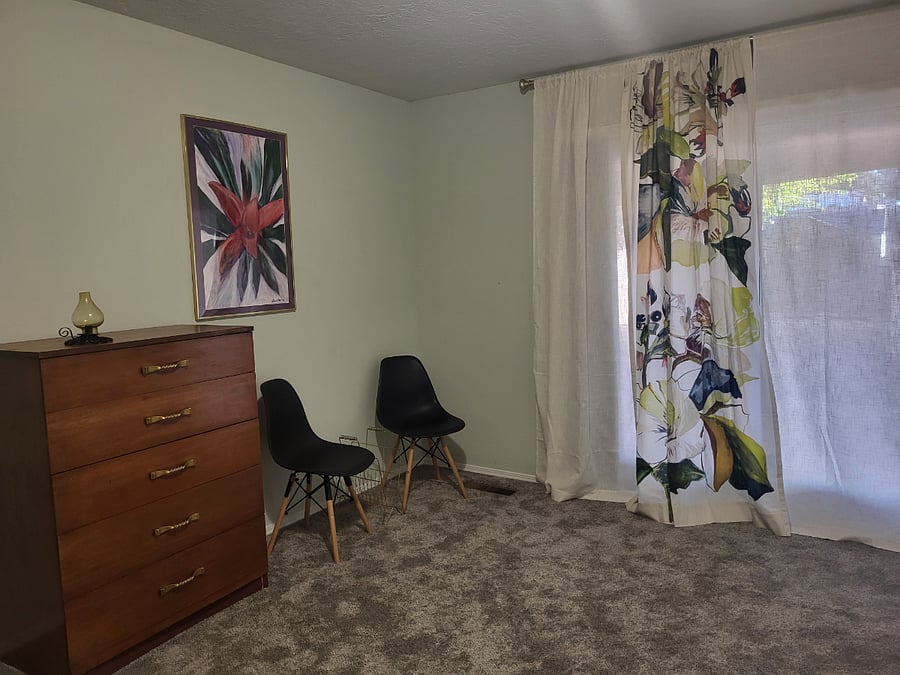 Primary Bedroom with vintage Broyhill High Boy, CB2 Curtain