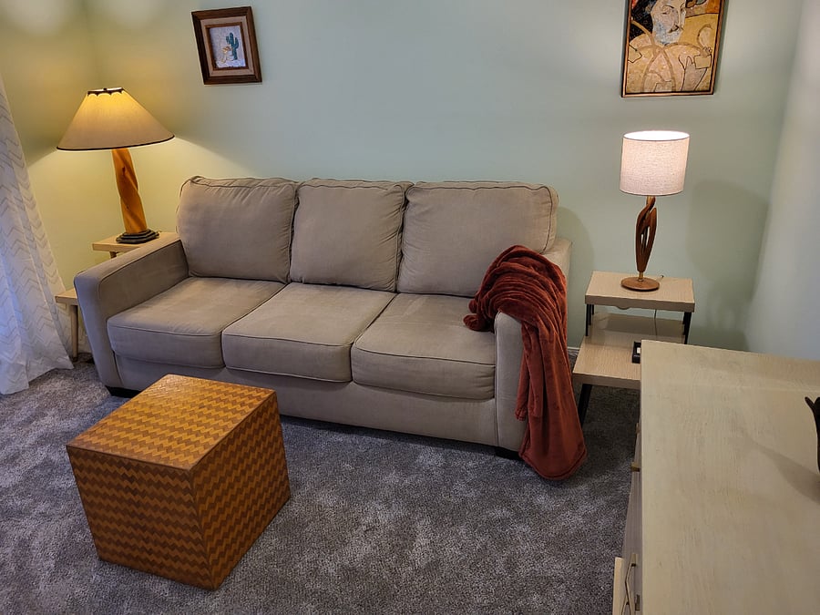 Guest Room with Vintage Modern end tables and lamps