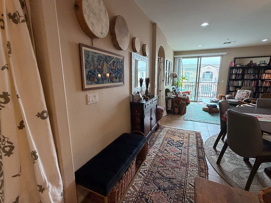 Your master suite just to the left of the front door upon entering condo. Curtain is for privacy of your entire suite from rest of condo.