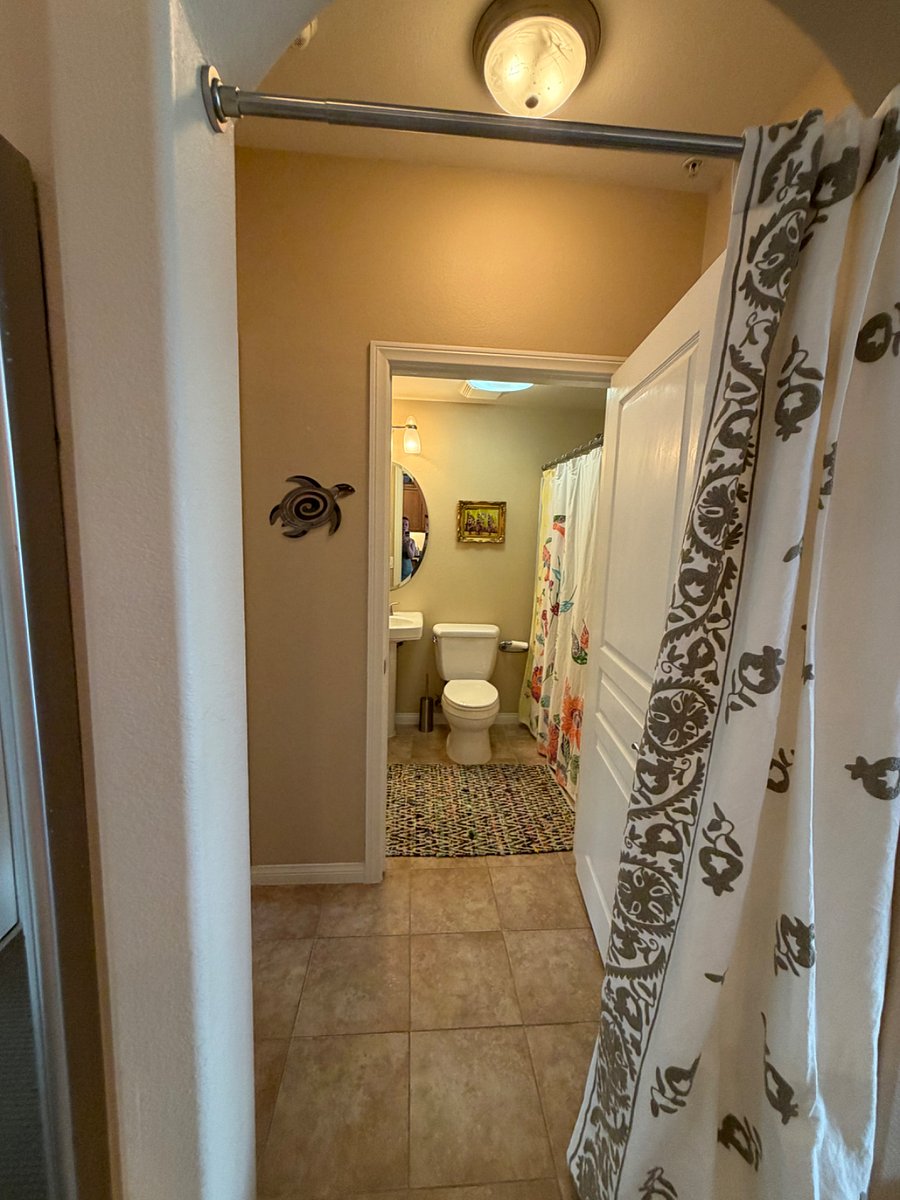 your master suite, straight ahead your en-suite bathroom, to L entrance to your bedroom and walk in closet, to R your extra storage closet. Curtain for privacy from remainder of condo.