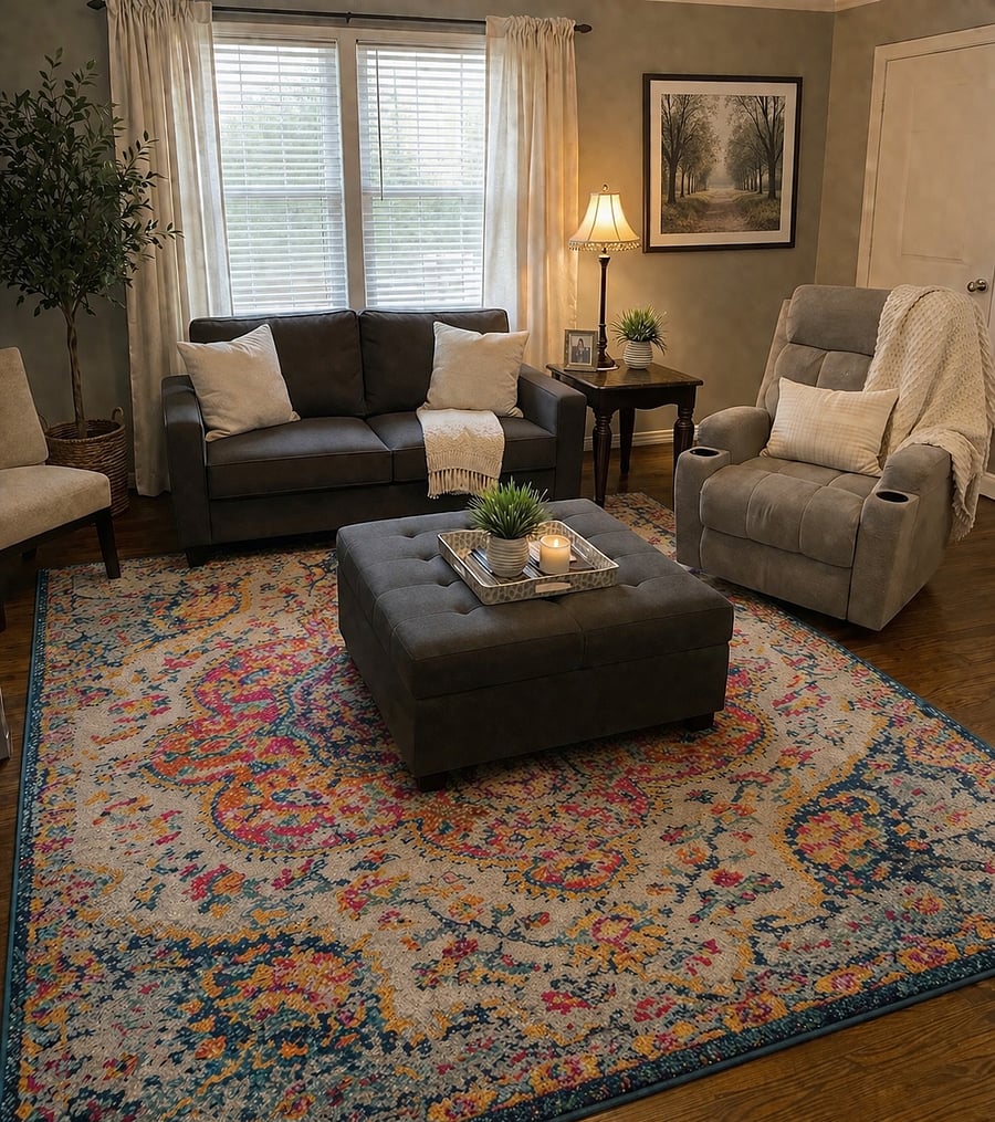 Living Room - all new rugs, drapes and pillows!